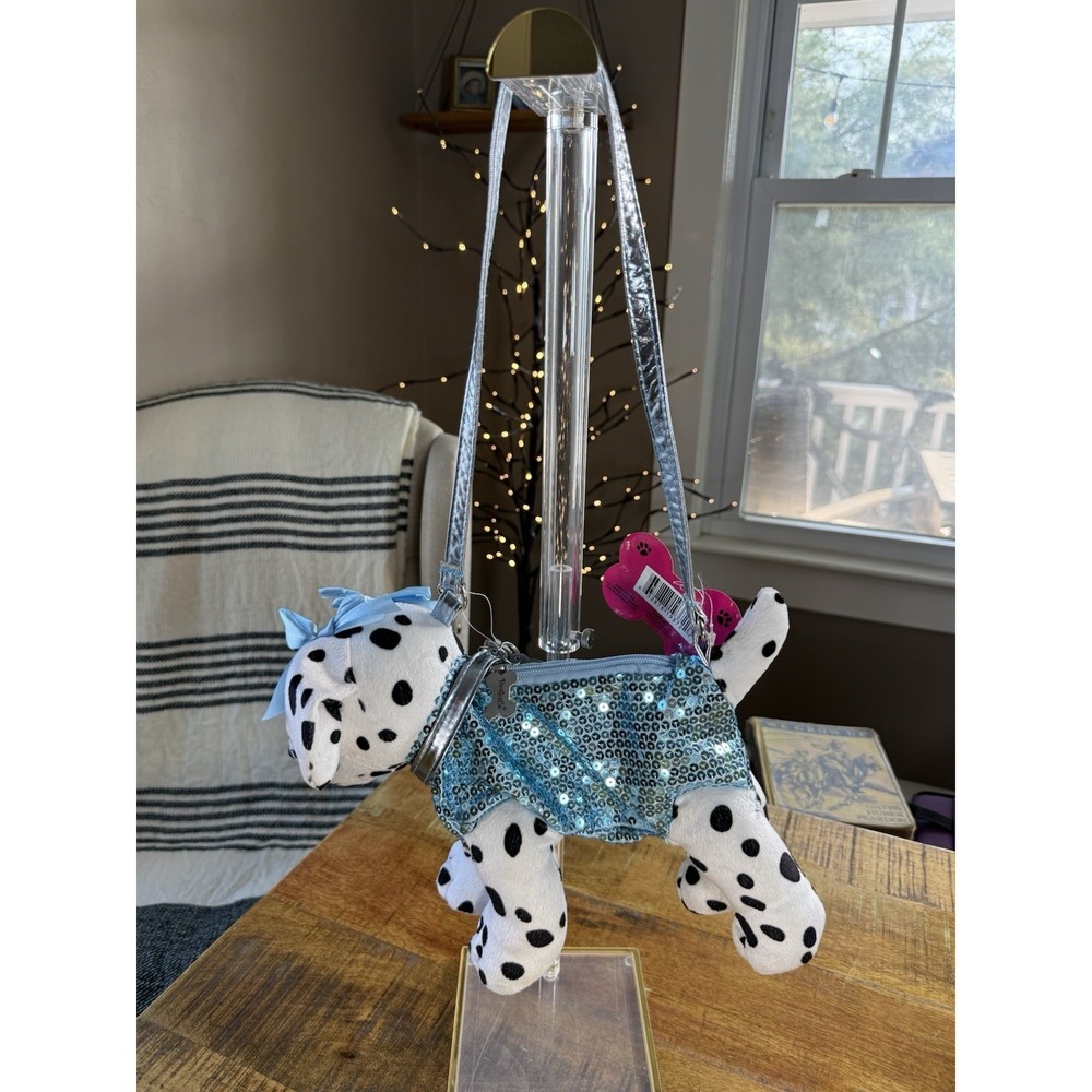 Poochie & Co Puppy Dog Plush Dalmatian Bag Blue Sequin Embellished Blue Bows New